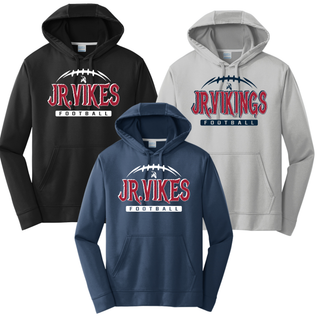 black, navy, and silver performance hoodies with jr. vikings football nation design featuring jr. vikes football graphic

