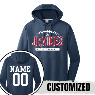 navy performance hoodie with jr. vikings football nation design and customized player name and number on the back
