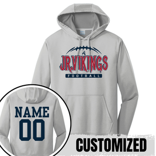 silver performance hoodie with jr. vikings football nation design and customized player name and number on the back
