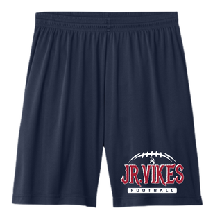 navy performance shorts with jr. vikings football nation design featuring jr. vikes text and football graphic on left leg
