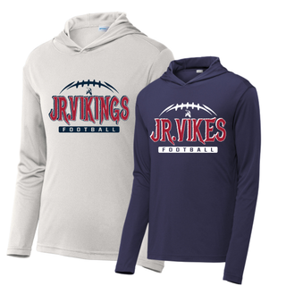 silver and navy PosiCharge Competitor Hoodies with jr. vikings football nation design and football graphic
