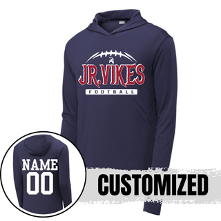 navy PosiCharge Competitor Hoodie with jr. vikings football nation design showing customized name and number on back
