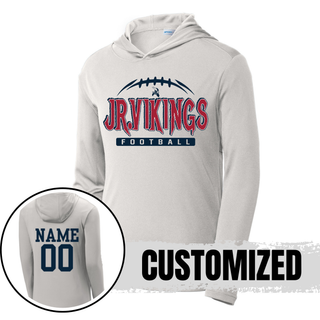 silver PosiCharge Competitor Hoodie with jr. vikings football nation design showing customized name and number on back
