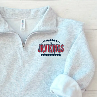 ash grey Jerzees quarter-zip pullover with jr. vikings football nation design featuring jr. vikes text and football graphic
