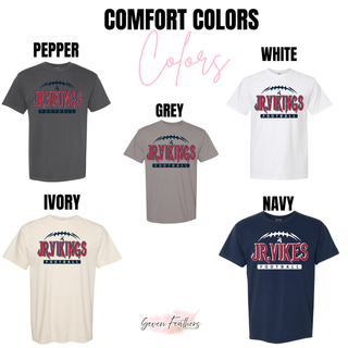 Comfort Colors tee chart for jr. vikings football nation top in pepper, white, grey, ivory, and navy
