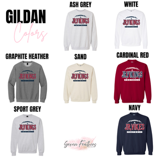 Gildan crewneck chart for jr. vikings football nation top in ash grey, white, graphite heather, sand, cardinal red, navy
