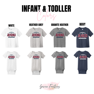 infant toddler tee and onesie for jr. vikings football nation top in white, heather grey, granite heather, and navy
