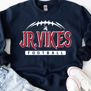 navy Gildan crewneck with jr. vikings football nation design featuring jr. vikes text and football graphic, styled with jeans
