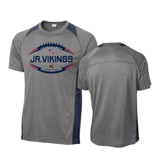 Front and back view of Vintage Heather/True Navy Sport-Tek Colorblock Contender Tee with Jr. Vikings Football Sideline design on front