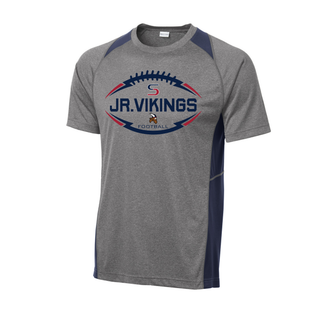 Vintage Heather/True Navy Sport-Tek Colorblock Contender Tee with Jr. Vikings Football Sideline design featuring football laces, S logo, and viking mascot center chest