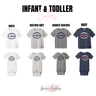 Jr. Vikings Football Sideline Top design on infant bodysuits and toddler tees in White, Heather Grey, Granite Heather, and Navy