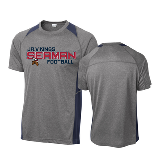heather grey and navy colorblock contender tee showing front and back views of jr. vikings seaman football blitz design
