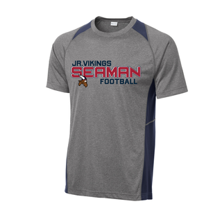 heather grey and navy Sport-Tek colorblock contender tee with jr. vikings seaman football blitz design and viking logo

