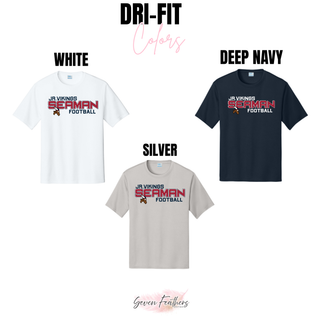 dri-fit performance tee color chart for jr. vikings seaman football blitz top in white, deep navy, and silver
