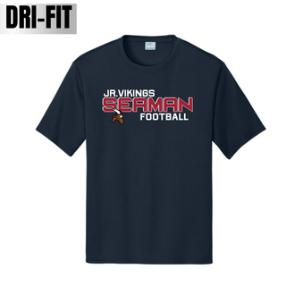 deep navy dri-fit performance tee with jr. vikings seaman football blitz design and viking logo
