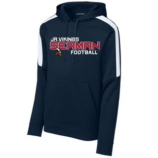 navy and white colorblock Sport-Tek hoodie with jr. vikings seaman football blitz design and viking logo on the front
