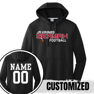 black performance hoodie with jr. vikings seaman football blitz design and customized name and number on back
