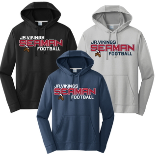 black, silver, and navy performance hoodies with jr. vikings seaman football blitz design and viking logo
