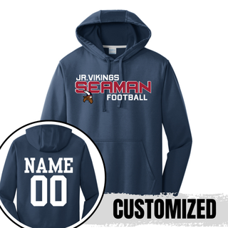 navy performance hoodie with jr. vikings seaman football blitz design and customized name and number on the back
