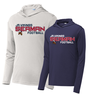 silver and navy PosiCharge Competitor Hoodies with jr. vikings seaman football blitz design and viking logo
