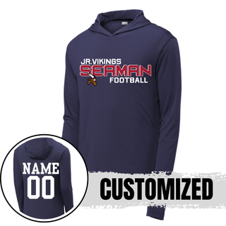 navy PosiCharge Competitor Hoodie with jr. vikings seaman football blitz design showing customized name and number on back
