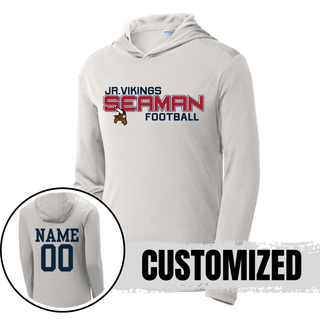 silver PosiCharge Competitor Hoodie with jr. vikings seaman football blitz design showing customized name and number on back
