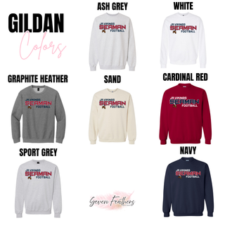 Gildan crewneck chart for jr. vikings seaman football blitz top in ash grey, white, graphite heather, sand, cardinal, navy
