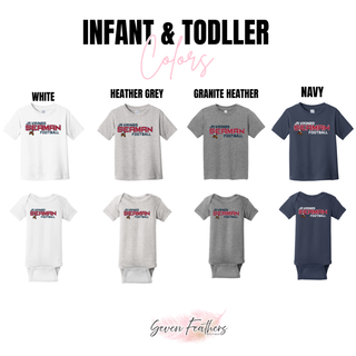 infant toddler tee and onesie for jr. vikings seaman football blitz top in white, heather grey, granite heather, navy
