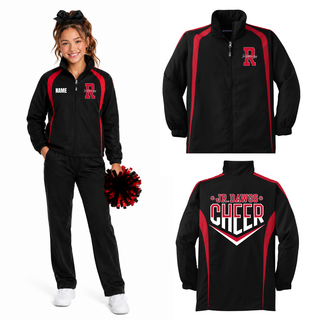 cheer athlete wearing black and red colorblock warm up jacket with red R and jr dawgs script on left chest and name on right chest holding red and black pom poms