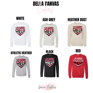 color grid showing Jr Dawgs Cheer classic logo crewneck in white, ash grey, heather dust, athletic heather, black, and red on bella canvas blanks
