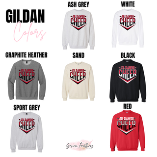 color grid showing Jr Dawgs Cheer classic logo crewneck in ash grey, white, graphite heather, sand, black, sport grey, and red on gildan blanks