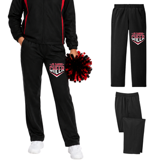 black sport-wick fleece pant on model with red and white jr dawgs cheer classic logo on left thigh paired with matching jacket and red pom
