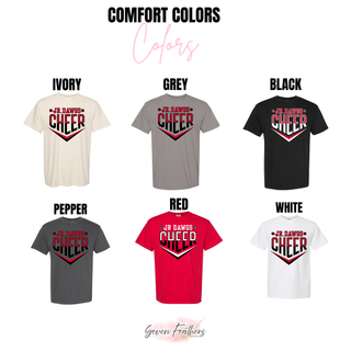 color grid showing Jr Dawgs Cheer classic logo tee in ivory, grey, black, pepper, red, and white on comfort colors blanks

