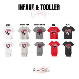 color grid showing Jr Dawgs Cheer classic logo toddler tee and infant onesie in white, heather grey, granite heather, red, and black