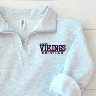 Ash Grey Jerzees cadet quarter-zip flat lay with the Junior Vikings Wrestling logo in navy and red on the left chest