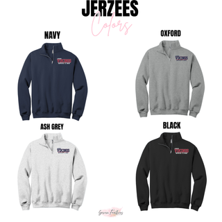 Jerzees cadet quarter-zip color chart showing the Junior Vikings Wrestling logo on Navy, Oxford, Ash Grey, and Black