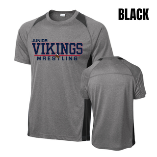 Heather grey Contender tee with black panels and the Junior Vikings Wrestling logo in navy and red, shown front and back