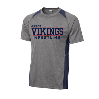Heather grey Sport-Tek Contender tee with navy panels and the Junior Vikings Wrestling logo in navy and red across the chest