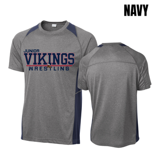 Heather grey Contender tee with navy panels and the Junior Vikings Wrestling logo in navy and red, shown front and back
