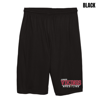 Black cooling performance shorts with the Junior Vikings Wrestling design in red and white near the hem of the leg