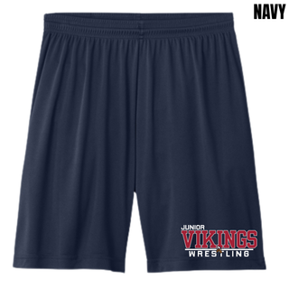 Navy cooling performance shorts with the Junior Vikings Wrestling design in red and white near the hem of the leg