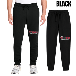 Black core fleece joggers with the Junior Vikings Wrestling design in red and white on the leg, shown on a model and flat