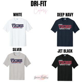 Dri-FIT color chart showing the Junior Vikings Wrestling design on White, Deep Navy, Silver and Jet Black tees