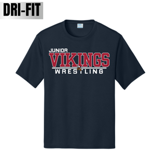 Deep navy Dri-FIT tee with the Junior Vikings Wrestling design in white and red block lettering with a small Viking head logo