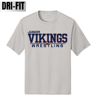 Silver Dri-FIT tee with the Junior Vikings Wrestling design in navy and red block lettering with a small Viking head logo