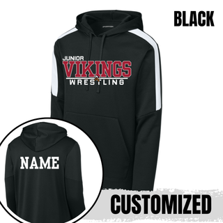 Black Junior Vikings Wrestling colorblock hoodie with an inset showing a white name printed on the back