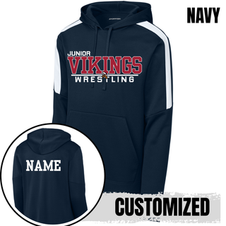 Navy Junior Vikings Wrestling colorblock hoodie with an inset showing a white name printed on the back