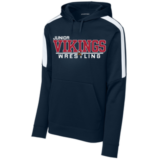 Navy Sport-Tek colorblock hoodie with white shoulder panels and the Junior Vikings Wrestling logo in red and white across the chest