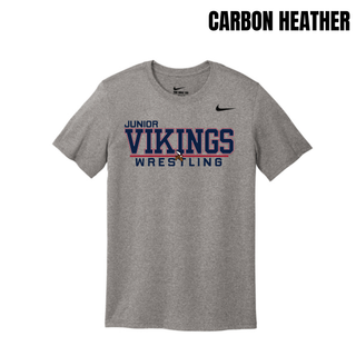 Carbon Heather Nike men's rLegend tee with the Junior Vikings Wrestling logo in navy and red across the chest