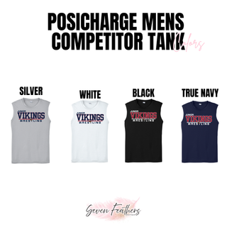 PosiCharge men's competitor tank color chart showing the Junior Vikings Wrestling logo on Silver, White, Black, and True Navy